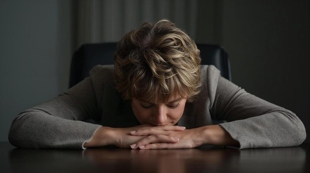 woman feeling exhausted resting her head on hands from fatigue and low energy